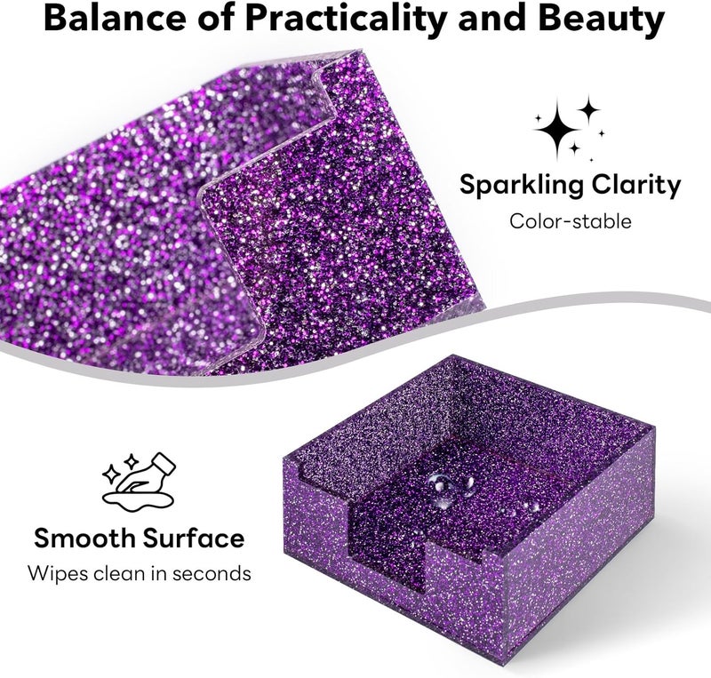 Luminzo Purple Sparkling Sticky Note Holder, Glitter Acrylic Organizer, 3.94 x 3.94 in Multi-Use Tray for Office, School & Home Desk - Image 4